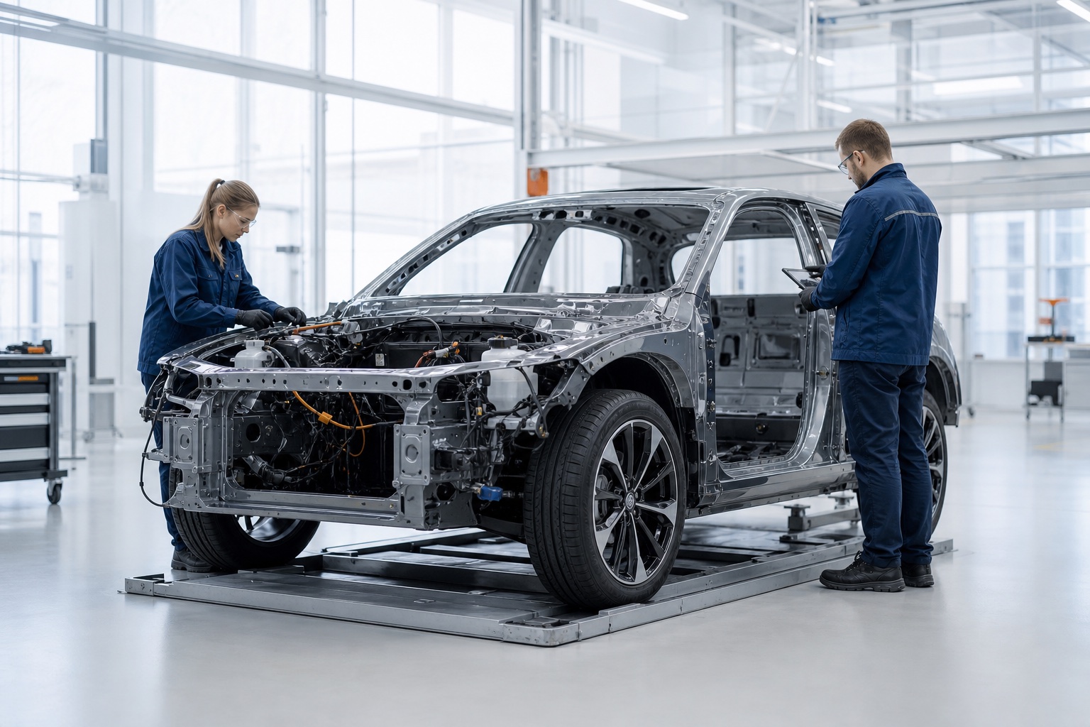 Инженеры работают с незавершённым кузовом автомобиля в светлом испытательном зале