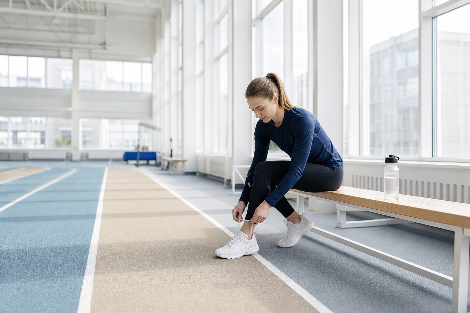 Спортсменка готовится к тренировке в светлом легкоатлетическом зале
